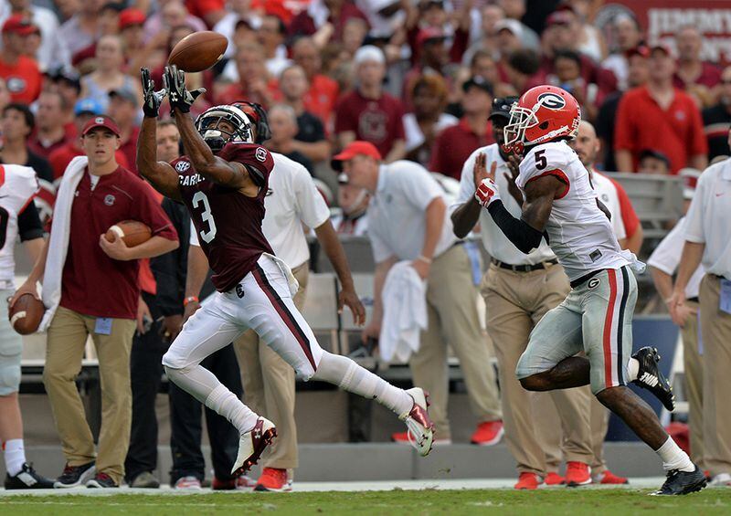 South Carolina wide receiver Nick Jones beats Georgia cornerback Damian Swann to make the catch Sept. 13, 2014, at William-Brice Stadium in Columbia, S.C.