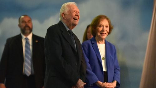 Jimmy and Rosalynn Carter at the Delta Flight Museum where they received the second annual Bill Foege Global Health Award on Wednesday night. Hyosub Shin/AJC