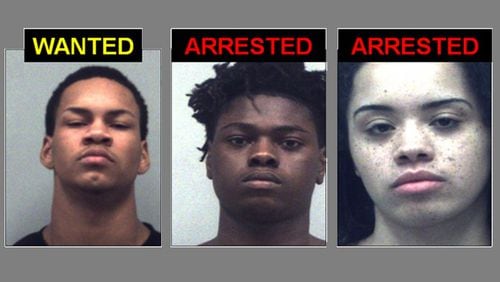 Bruce Chambers, 19, is wanted on armed robbery and aggravated assault charges in connection with a July 31 shooting.  Dylan Grant, 19, (center) and Isis McCloud, 17, have been charged in connection with the same shooting.