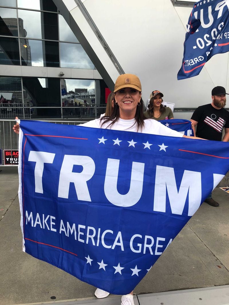 Janelle Bowen came from Pike County to join a pro-Trump demonstration in downtown Atlanta Saturday afternoon in front of State Farm Arena. (Janel Davis / AJC)
