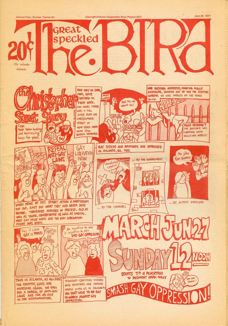 The cover of the June 28, 1971, edition of The Great Speckled Bird featured a full-page cartoon promoting the event that would eventually be known as the first Atlanta Pride march. (Atlanta Cooperative News Project / GSU Library GSB-06-21-1971)
