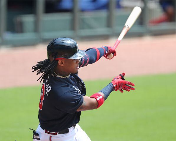 Ronald Acuna rips a single during the first inning.   Curtis Compton ccompton@ajc.com