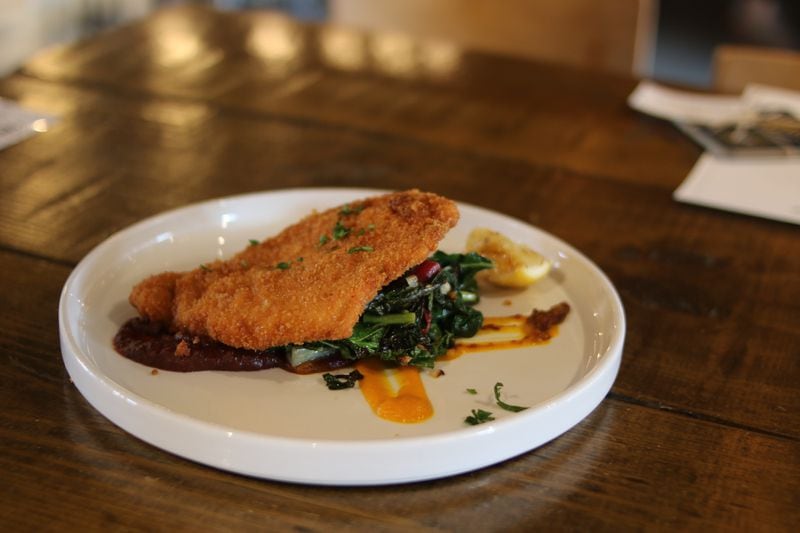 Pork schnitzel with butterscotch carrot puree, cranberry conserva and sauteed greens.
Contributed by Eliana Barnard, Tucker Brewing Co.