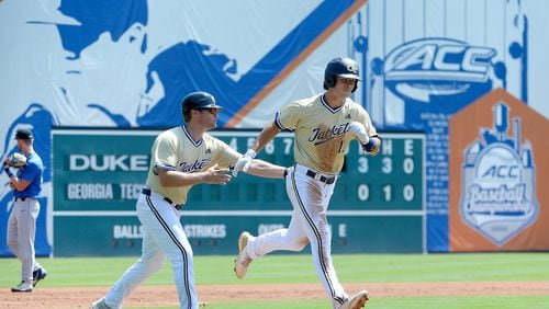 Georgia Tech Tristin English (11) runs the third baseline to home after his home run during game ten of the 2019 ACC Baseball Tournament in Durham, N.C., Friday, May 24, 2019. (Photo by Sara D. Davis, the ACC)