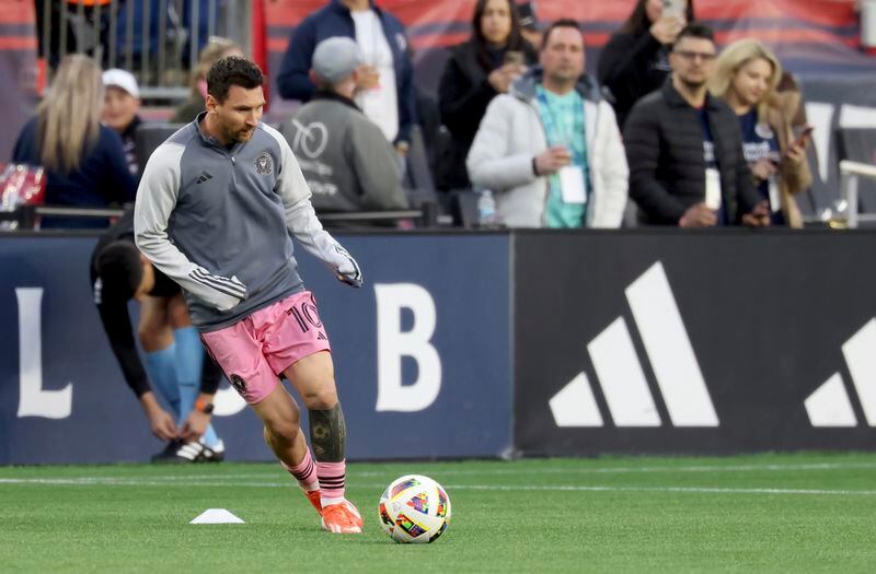 Inter Miami forward Lionel Messi (10) warms up before an MLS soccer match against the New England Revolution, Saturday, April 27, 2024, in Foxborough, Mass. (AP Photo/Mark Stockwell)