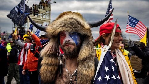 Jacob Anthony Angeli Chansley, known as the QAnon Shaman, amid the U.S. Capitol riot in Washington, D.C., on Jan. 6.