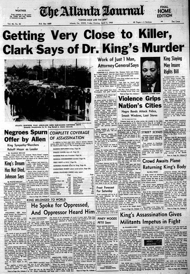 The front page of The Atlanta Journal on April 5, 1968.