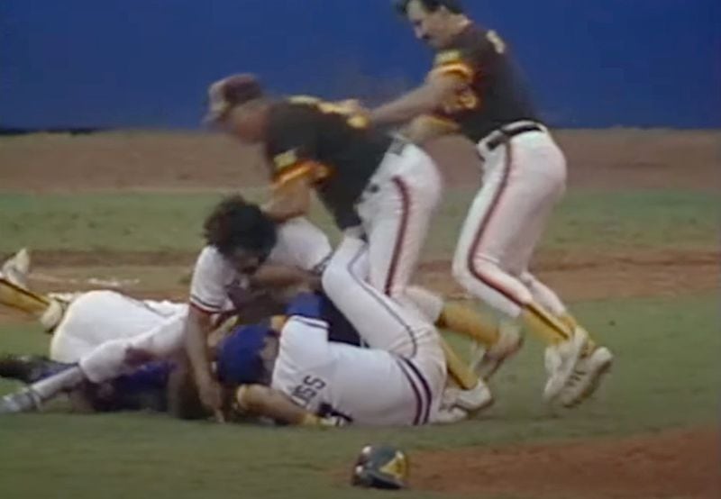 An image from a video on YouTube of the Braves-Padres brawl on Aug. 12, 1984. 