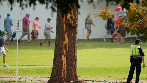 ATLANTA, GEORGIA - AUGUST 24: Fans walk past lightning damage to a tree during a suspension in play due to inclement weather during the third round of the TOUR Championship at East Lake Golf Club on August 24, 2019 in Atlanta, Georgia. (Photo by Kevin C. Cox/Getty Images)