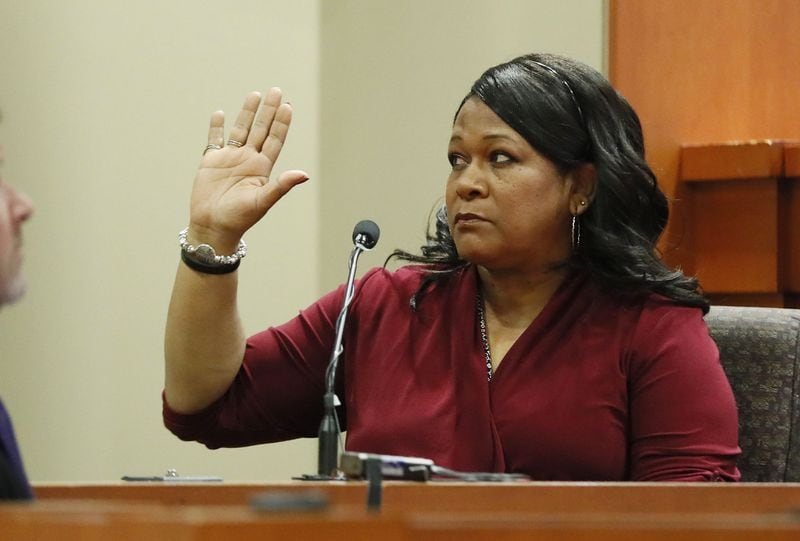 September 26, 2019 - Decatur - Carolyn Giummo, Anthony Hill’s mother, was the first to testify. The murder trial of former DeKalb County Police Officer Robert “Chip” Olsen began as attorneys worked to strike a jury this morning. Opening statements are expected later today. Olsen is charged with murdering war veteran Anthony Hill. Bob Andres / robert.andres@ajc.com