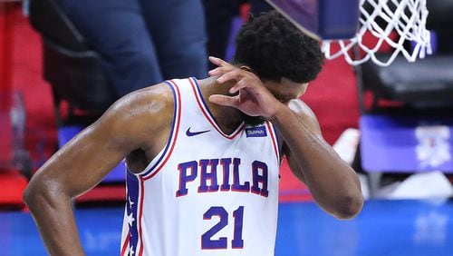 Philadelphia 76ers center Joel Embiid reacts in the final seconds of the 103-96 loss to the Atlanta Hawks in Game 7 of the Eastern Conference semifinals Sunday, June 20, 2021, in Philadelphia. (Curtis Compton / Curtis.Compton@ajc.com)