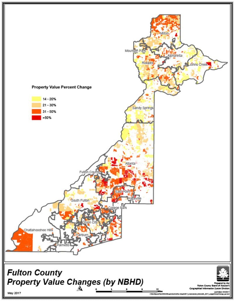 This map shows the areas in Fulton County where assessed values have risen.