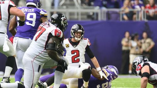 Matt Ryan #2 of the Atlanta Falcons is sacked with the ball by Everson Griffen #97 of the Minnesota Vikings in the fourth quarter oat U.S. Bank Stadium on September 8, 2019 in Minneapolis