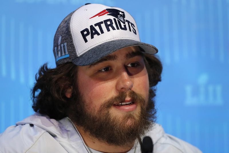  David Andrews of the New England Patriots speaks to the media during SuperBowl LII Media Day at Xcel Energy Center on January 29, 2018 in St Paul, Minnesota.  Super Bowl LII will be played between the New England Patriots and the Philadelphia Eagles on February 4.  (Photo by Elsa/Getty Images)