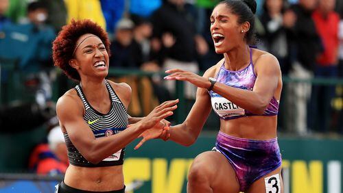 EUGENE, OR - JULY 08: Brianna Rollins and Kristi Castlin celebrate after the Women’s 100 Meter Hurdles Final during the 2016 U.S. Olympic Track & Field Team Trials at Hayward Field on July 8, 2016 in Eugene, Oregon. (Photo by Cliff Hawkins/Getty Images)