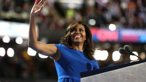 PHILADELPHIA, PA - JULY 25: First lady Michelle Obama acknowledges the crowd after delivering remarks on the first day of the Democratic National Convention at the Wells Fargo Center, July 25, 2016 in Philadelphia, Pennsylvania. (Photo by Joe Raedle/Getty Images)