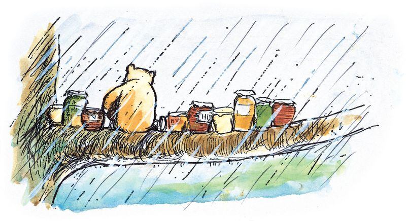 Near the end of his life, in his 90s, illustrator E.H. Shepard created a few prints of the stoic, spare, black-and-white drawings that embodied the inimitable world of Winnie-the-Pooh, and added a few splashes of watercolor. CONTRIBUTED BY “WINNIE-THE-POOH: EXPLORING A CLASSIC”