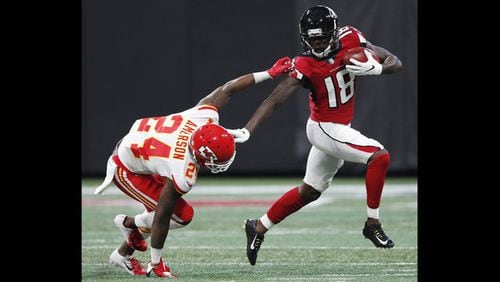 Atlanta Falcons wide receiver Calvin Ridley (18) runs by Kansas City Chiefs defensive back David Amerson (24) during the first half of an NFL preseason football game, Friday, Aug. 17, 2018, in Atlanta. (AP Photo/John Bazemore)