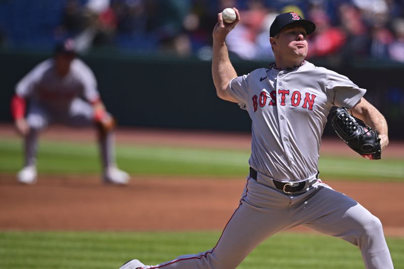 Boston Red Sox starting pitcher Chase Anderson delivers during the first inning of a baseball game against the Cleveland Guardians, Thursday, April 25, 2024, in Cleveland. (AP Photo/David Dermer)