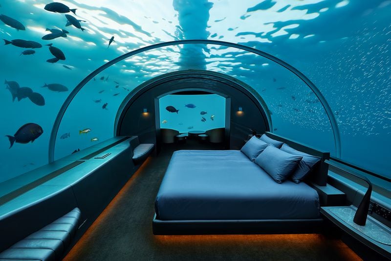 The underwater bedroom at the Conrad Maldives Rangali Island offers a different view of the ocean.
Courtesy of Justin Nicholas