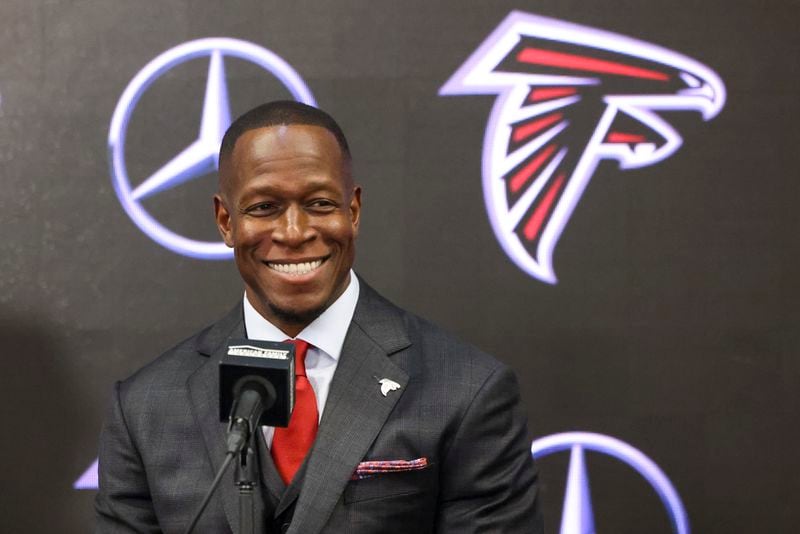 Atlanta Falcons new head football coach Raheem Morris smiles as he speaks to members of the media during his introductory press conference at Mercedes-Benz Stadium, Monday, February 5, 2024, in Atlanta. (Jason Getz / Jason.Getz@ajc.com)