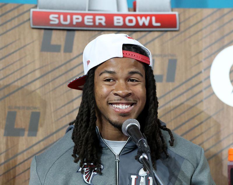  January 30, 2017, Houston: Falcons running back Devonta Freeman reacts to a question with a smile during Super Bowl Opening Night on Monday, Jan. 30, 2017, at Minute Maid Park in Houston. Curtis Compton/ccompton@ajc.com