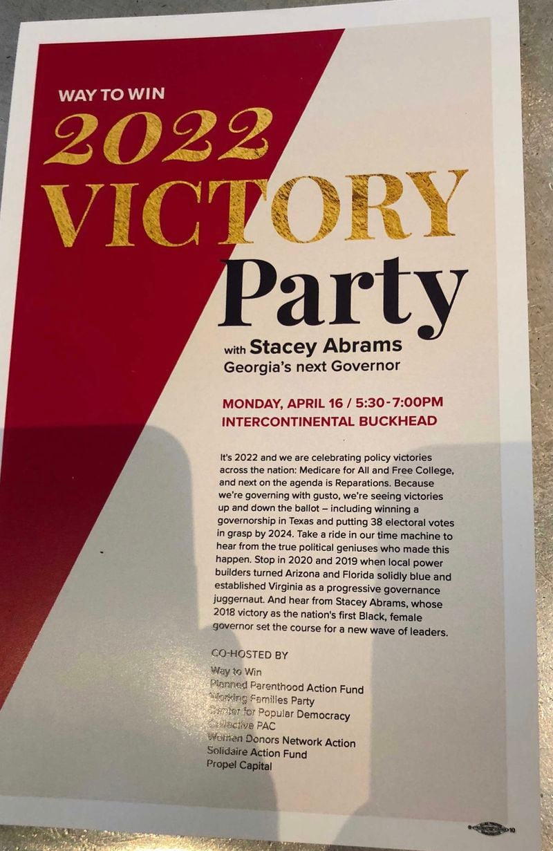 A flyer advertising a "2022 Victory Party" at an Atlanta convention of progressive activists and financiers.