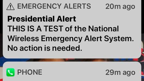 Cellphone users across the United States received a "President Alert" on Wednesday, Oct. 3, 2018. The alert is part of an effort by the Federal Emergency Management Agency and the Federal Communications Commission to conduct a nationwide test of Wireless Emergency Alerts and the Emergency Alert System. (Irwin Thompson/Dallas Morning News/TNS)