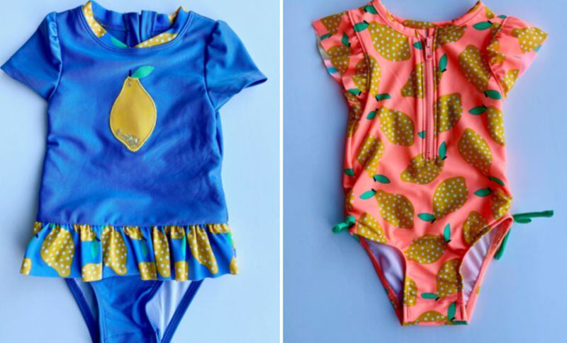 Pictured are Cat & Jack “Summer Blue Lemon” One-Piece Rashguard Swimsuit and the Cat & Jack “Moxie Peach Lemon” One-Piece Rashguard Swimsuit. The two are among the Cat & Jack swimsuits being recalled by Target due to a choking and injury hazard. The full list of recalled swimsuits is on the CPSC website.
