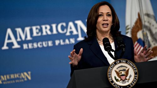 Vice President Kamala Harris speaks during an event on the implementation of the American Rescue Plan's investment in child care in the Eisenhower Executive Office Building in Washington, D.C., U.S., on April 15, 2021. (Andrew Harrer/Pool/ABACAPRESS.COM/TNS)