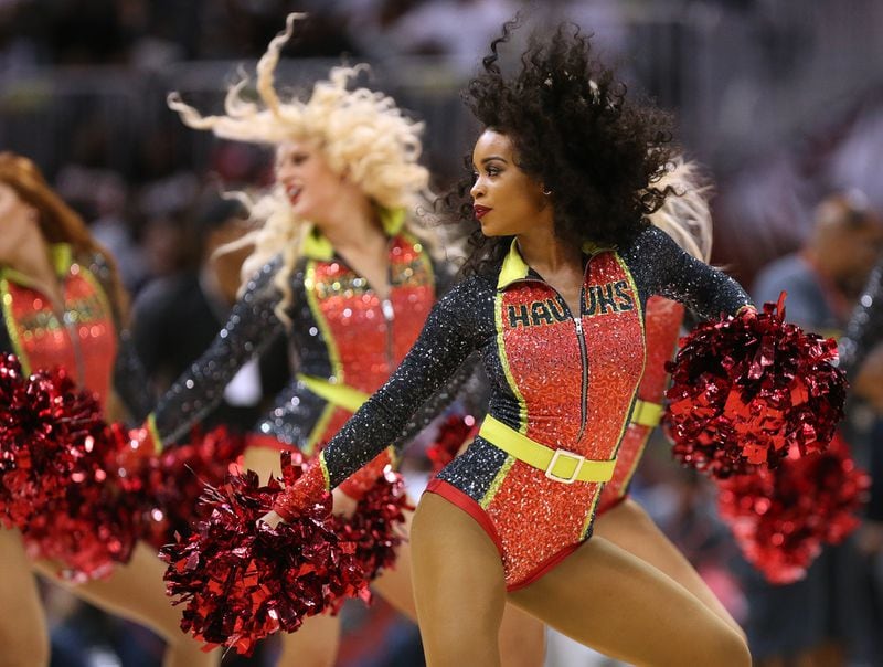 The Atlanta Hawks cheerleaders perform in game 3 of a first-round NBA basketball playoff series on Saturday, April 22, 2017.