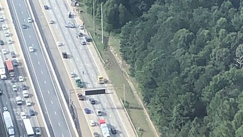 An overturned truck shut down most of I-75/northbound south of I-675 in Stockbridge on Tuesday, September 22, 2020. (Photo: Doug Turnbull, WSB Skycopter)
