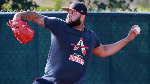 Atlanta Braves pitcher Luiz Gohara throws in the bullpen as pitchers and catchers report for the first day of spring training at the ESPN Wide World of Sports Complex on Friday, Feb. 15, 2019, in Lake Buena Vista.    Curtis Compton/ccompton@ajc.com