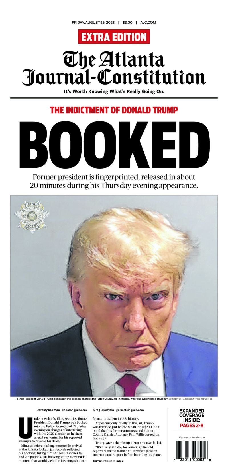 Front page of The Atlanta Journal-Constitution Friday Aug 25, 2023 with Donald Trump headline.