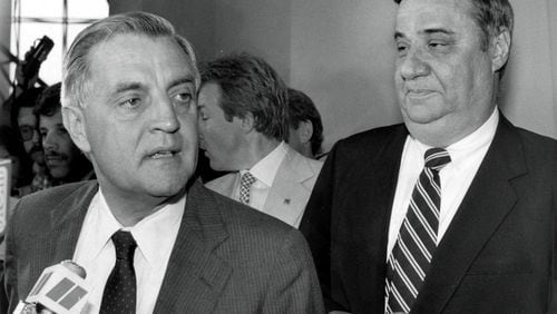 An attempt by former Vice President Walter Mondale (left), the 1984 Democratic presidential nominee, to install Lance as chair of the Democratic National Committee backfired badly at the party's convention in San Francisco. Lance complained in his memoir that Mondale persuaded him to take the post against his advice, then failed to support him when the media began to raise questions.