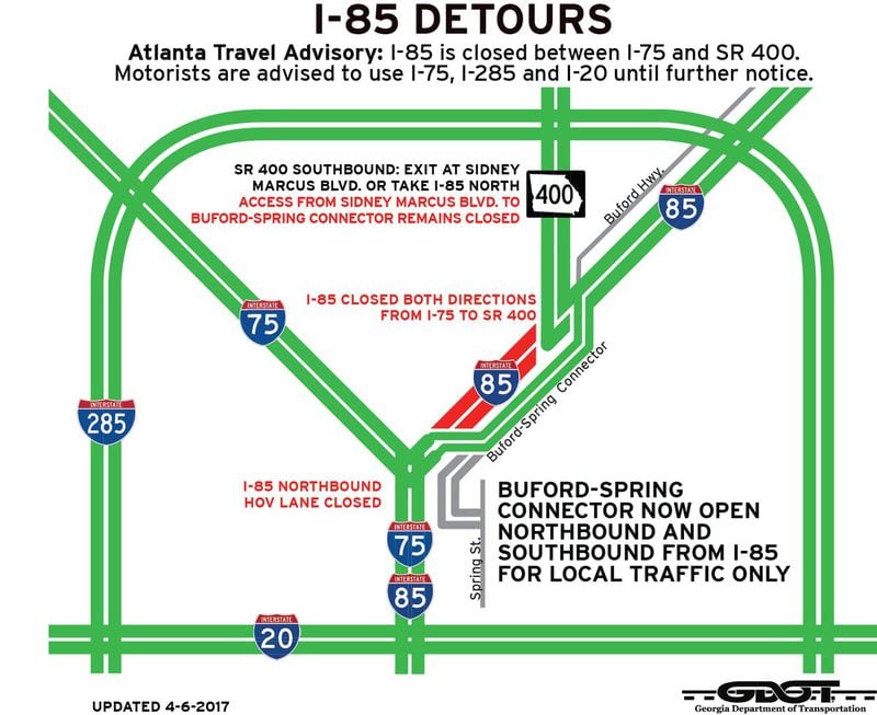 One week after a fire shut down parts of I-85 and alternate routes, drivers can now access the Buford-Spring Connector from southbound I-85 as of April 6, 2017.