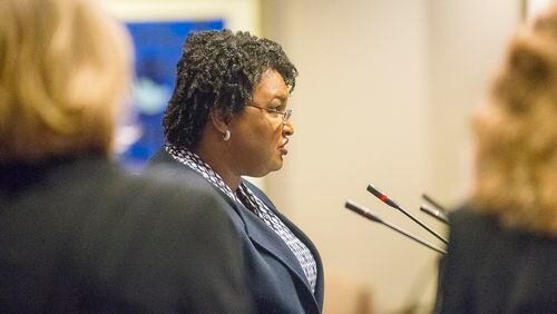 02/19/2019 -- Atlanta Georgia -- Fair Fight Action founder and Chair Stacey Abrams testifies about voting rights in Georgia during a field hearing on voting rights and difficulties facing voters in front of the United States House Administration Committee's elections subcommittee, chaired by U.S. Rep. Marcia Fudge, D-Ohio, at the Jimmy Carter Presidential Center in Atlanta, Tuesday, February 19, 2019. (ALYSSA POINTER/ALYSSA.POINTER@AJC.COM)