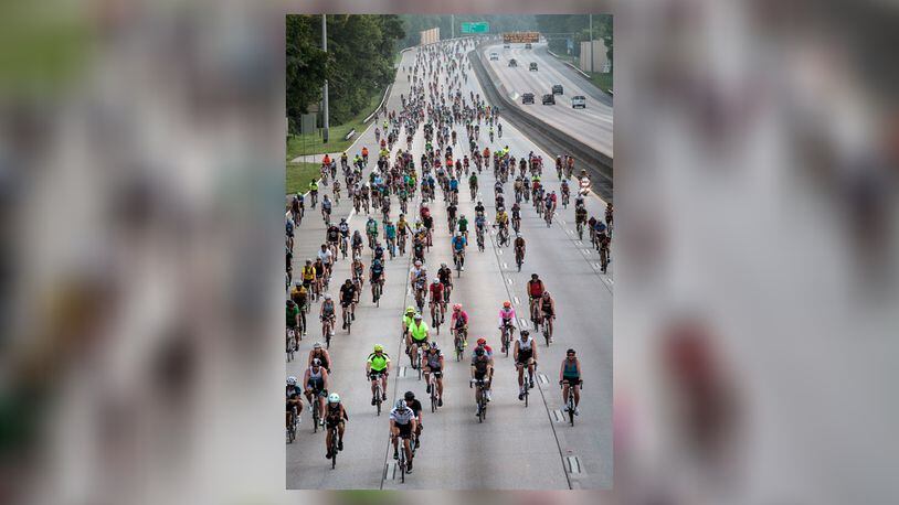 Cyclists head south on G.a. 400 during the Ga. 400 Bike Ride July 9, 2017, in Roswell, Ga. A portion of Ga. 400 was closed off during the ride. STEVE SCHAEFER / SPECIAL TO THE AJC