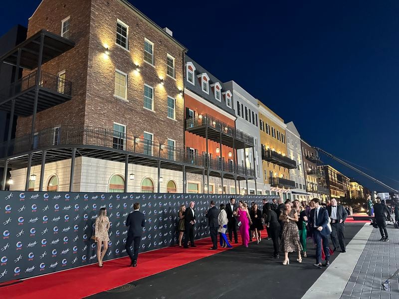 The Assembly opening gala Oct. 21, 2023 in Doraville featured a red carpet outside a filmable facade that mimics New Orleans. RODNEY HO/rho@ajc.com