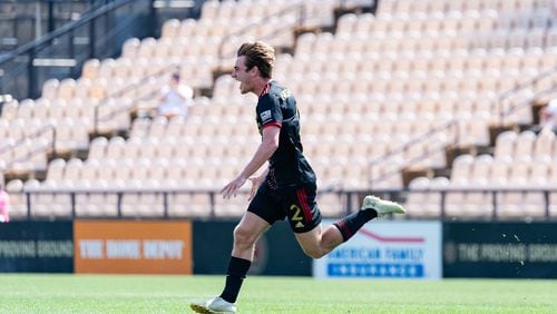 Atlanta United 2 midfielder Aiden McFadden #2 celebrates after scoring during the first half of the USL match against Memphis 901 FC at Fifth-Third Bank Stadium in Kennesaw, Georgia, on Sunday May 23, 2021. (Photo by Dakota Williams/Atlanta United)