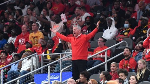 Hawks owner Tony Ressler reacts to a call during the first half in Game 3 of the first round of the NBA playoffs at State Farm Arena on Friday, April 22, 2022. (Hyosub Shin / Hyosub.Shin@ajc.com)