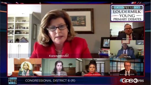 Screenshot of former U.S. Rep. Karen Handel speaking during an Atlanta Press Club debate on May 4, 2020, that included four other Republican candidates for Georgia’s 6th Congressional District.