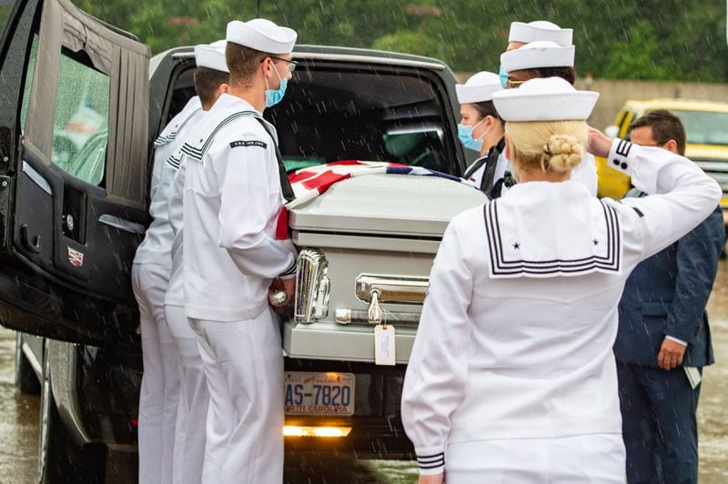 William Eugene Blanchard’s casket is loaded into a hearse at Norfolk international Airport on June 3, 2021 in Norfolk, Va. After a 79-year wait, the remains of the Georgian killed in the 1941 attack on Pearl Harbor were coming home. (Photo: Mike Caudill for The Atlanta Journal-Constitution)
