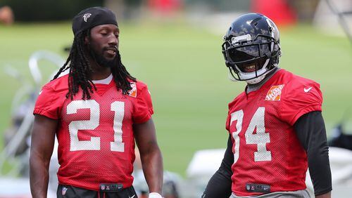Falcons cornerbacks Desmond Trufant (left) and Brian Poole during the first day of mini-camp on Tuesday, June 13, 2017, in Flowery Branch.