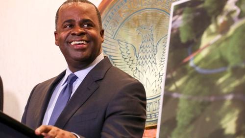 12/29/2017 -- Atlanta, GA, - Atlanta mayor Kasim Reed jokes during his final press conference as mayor at Atlanta City Hall, Friday, December 29, 2017. In addition to unveiling last minute decisions that he oversaw during his time as mayor of Atlanta, Kasim Reed also celebrated with food and a live dj in the auditorium of the building.  ALYSSA POINTER/ALYSSA.POINTER@AJC.COM