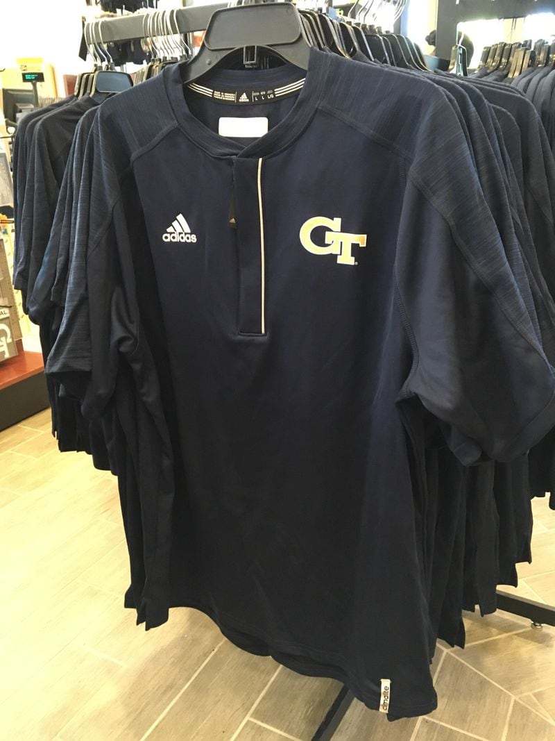 An Adidas t-shirt with the Georgia Tech logo on sale at the Barnes & Noble bookstore near campus April 20, 2018. (AJC photo by Ken Sugiura)