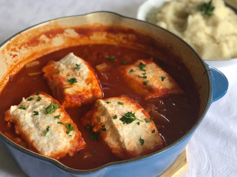 Fish cooks quickly and healthfully in tomato sauce. For this recipe, choose mild-tasting, boneless, skinless fillets that are sturdy, like halibut or cod. Tilapia is also an option. CONTRIBUTED BY KELLIE HYNES