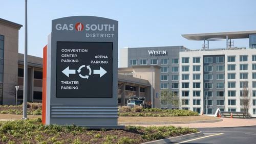 A Gas South District signs is shown in front of the Westin Atlanta Gwinnett Hotel, Thursday, March 14, 2024, in Duluth, Ga. The Westin Atlanta Gwinnett hotel will feature over 27,000-square-feet of space and will be directly attached to the recently expanded Gas South Convention Center and next to Gas South Arena. (Jason Getz / jason.getz@ajc.com)