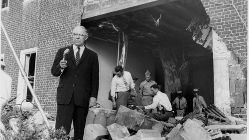 Oct. 13, 1958 - Atlanta, Ga - Mayor William Hartsfield at the site of the Jewish Temple Bombing.