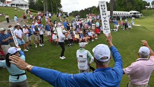 Stewart Cink plays a shot on the 18th hole during the second round of the Mitsubishi Classic senior golf tournament at TPC Sugarloaf, Saturday, April 27, 2024, in Duluth.  (Hyosub Shin / AJC)
